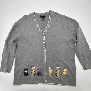 Vintage Women's Terazzo Ugly Cat Cardigan Sweater Size 1X Grandma Core Cat Lady